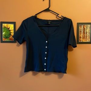 J.Crew Blue Short Sleeved Cropped V-Neck Shirt